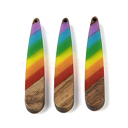 Pride Rainbow Theme Resin & Walnut Wood Pendants, Teardrop, Colorful, 44x7.5x3.5mm, Hole: 1.5mm(WOOD-K012-05A)