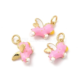 Rack Plating Brass Enamel Pendants, with Jump Rings, Long-Lasting Plated, Lead Free & Cadmium Free, Real 18K Gold Plated, Horse Charm, Pearl Pink, 11x13x7.5mm, Hole: 3.5mm(KK-A177-20G-01)