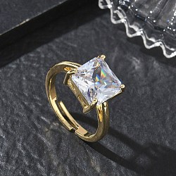 Brass & Clear Cubic Zirconia Finger Rings, Long-Lasting Plated, Square, Golden, Square: 10x10.5mm, Inner Diameter: 18mm(CU-CBA7E55-13G)