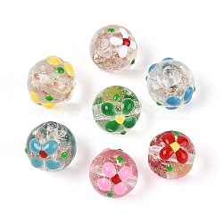 Luminous Handmade Gold Sand Lampwork Beads, Round with Flower, with Enamel, Glow in the Dark, Mixed Color, 11.5~13.5mm, Hole: 1.2~1.6mm(LAMP-N035-04)