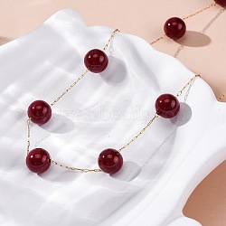 304 Stainless Steel & Round Natural Carnelian(Dyed & Heated) Link Chain Necklaces, Ion Plating(IP), Real 14K Gold Plated, 24.02 inch(61cm)(NJEW-U026-13G)