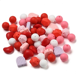 Olycraft 8 Style Food Grade Eco-Friendly Silicone Beads, Chewing Beads For Teethers, DIY Nursing Necklaces Making, Round & Heart & Icosahedron, Mixed Color, 15~19.5x15~19x10~15mm, Hole: 2~2.5mm, 56pcs/box(SIL-OC0001-01)