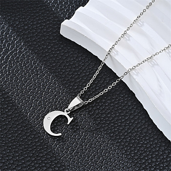 201 Stainless Steel Crystal Rhinestone Initial Pendant Necklaces, Stainless Steel Color, Non-Tarnish, Letter C, 19.69 inch(50cm)