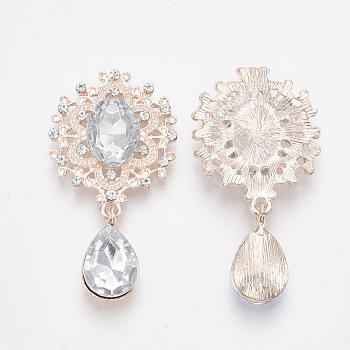 Rose Gold Plated Alloy Cabochons, with Resin Rhinestone and Crystal Glass Rhinestone, Faceted, Oval and Teardrop, Clear, 45x24x5mm