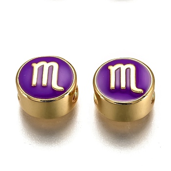 Brass Beads, with Enamel, Flat Round with Constellation, Real 18K Gold Plated, Purple, Scorpio, 10x5mm, Hole: 4.5x2.5mm