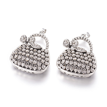 Antique Silver Plated Alloy Big Pendants, with Rhinestone, Lady Bag, Crystal, 52.5x41x15.5mm, Hole: 5x6.5mm