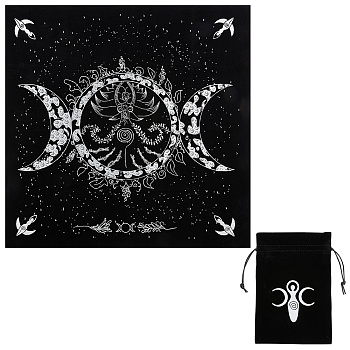 Flannelette Altar Tarot Tablecloth, Triple Moon Goddess Tablecloth, with Velet Bags, Rectangle, Black, 500x494x1mm