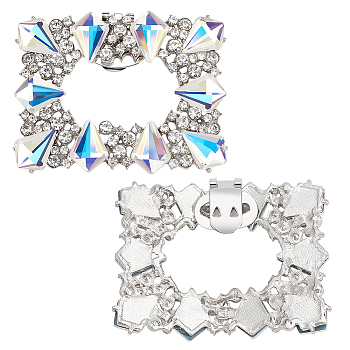 2Pcs Platinum Alloy & Rhinestone Detachable Shoe Buckle Clips, Rectangle Shoe Decoration, Crystal, 49x65.5x6mm