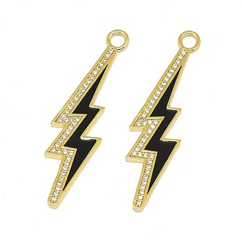 Alloy Micro Pave Cubic Zirconia Pendants, with Enamel, Long-Lasting Plated, Lightning Bolt, Black, Golden, 43x11x1.5mm, Hole: 3mm