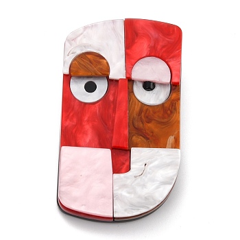 Rectangle with Abstract Face Brooch, Fashion Acrylic Safety Lapel Pin for Backpack Clothes, Red, 64x37x7mm, Pin: 0.6mm