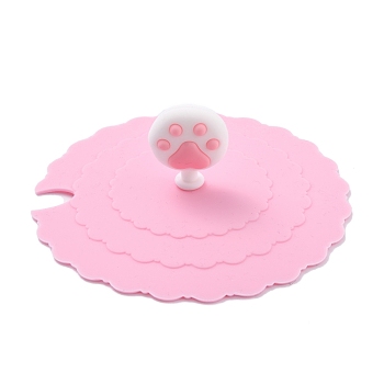 Cat Paw Print Food Grade Silicone Cup Cover Lid, with A Notch, Dust-Proof Lid for Cup, Pink, 105x31mm