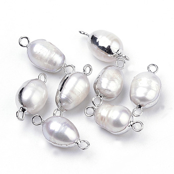 Plated Natural Baroque Pearl Keshi Pearl Links connectors, with Iron Findings, Oval, Platinum, 18~20x8~9x8~9mm, Hole: 2mm