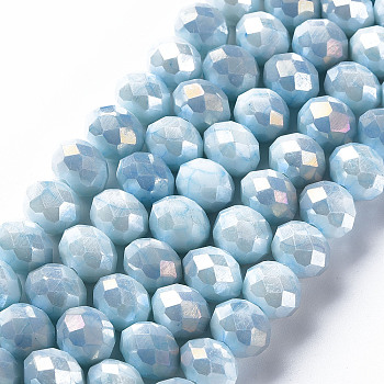 Opaque Baking Painted Glass Beads Strands, Faceted, Flat Round, Sky Blue, 10x8mm, Hole: 1.5mm, about 63pcs/strand, 21.06 inch~21.26 inch(53.5~54cm)
