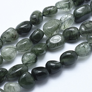 Natural Green Rutilated Quartz Beads Strands, Nuggets, 6~8mm, Hole: 0.8mm, about 45~47pcs/strand, 15.7 inch(40cm)