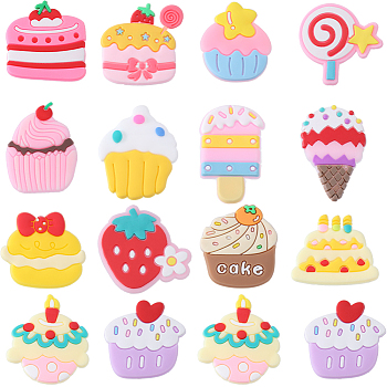 84pcs 14 style PVC Plastic Cabochons, Food, Ice Cream/Cake/Strawberry/Lollipop, Mixed Color, 26~32.5x20.5~31x2.5~4mm, 6pcs/style