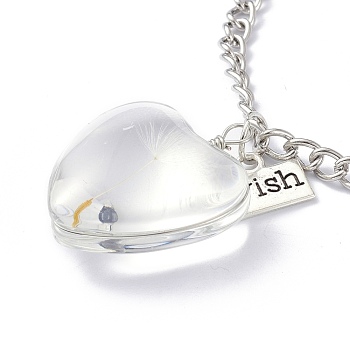 Dandelion Seed Wish Necklace for Teen Girl Women Gift, Transparent Heart Glass Pendant Necklace, with Iron Chain, Clear, 24.41 inch(62cm)