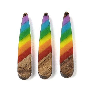 Pride Rainbow Theme Resin & Walnut Wood Pendants, Teardrop, Colorful, 44x7.5x3.5mm, Hole: 1.5mm