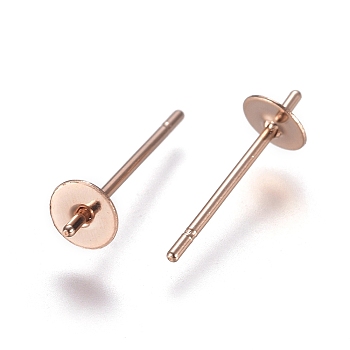 304 Stainless Steel Stud Earring Findings, For Half Drilled Beads, Rose Gold, 13.5x4mm, Pin: 0.7mm