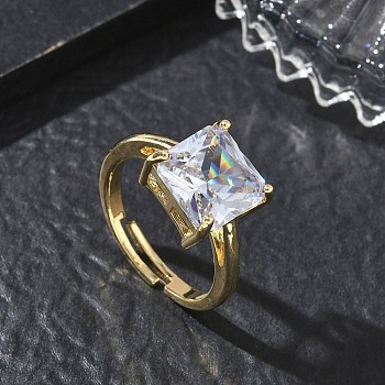 Brass & Clear Cubic Zirconia Finger Rings, Long-Lasting Plated, Square, Golden, Square: 10x10.5mm, Inner Diameter: 18mm