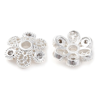 Brass Micro Pave Clear Cubic Zirconia Bead Caps, Long-Lasting Plated, Flower, Silver, 7.5x2mm, Hole: 1.2mm