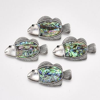 Abalone Shell/Paua Shell Brooches/Pendants, with Alloy Findings and Resin Bottom, Fish, Antique Silver, Colorful, 33x58.5x10mm, Hole: 10x3.5mm, Pin: 0.6mm