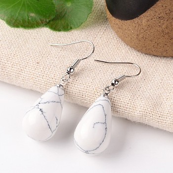 Natural Howlite Teardrop Dangle Earrings, with Platinum Plated Brass Findings, 43mm, Pin: 0.7mm