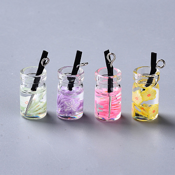 Glass Bottle Pendants, with Resin & Polymer Clay inside, Plastic and Platinum Tone Iron Eye Pin, Imitation Juice Bottle, Mixed Color, 24~26x10mm, Hole: 1.6mm