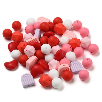 Olycraft 8 Style Food Grade Eco-Friendly Silicone Beads, Chewing Beads For Teethers, DIY Nursing Necklaces Making, Round & Heart & Icosahedron, Mixed Color, 15~19.5x15~19x10~15mm, Hole: 2~2.5mm, 56pcs/box