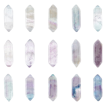 15Pcs Natural Colorful Fluorite Double Terminal Pointed Beads, No Hole, Faceted, Double Terminated Point, 22~23x6x6mm