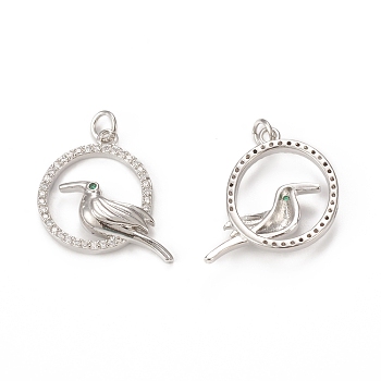Brass Micro Pave Cubic Zirconia Bird Pendants, with Jump Ring, Ring with Toucan Charm, Golden, 21x22.5x4mm, Hole: 3mm