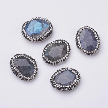 Natural Labradorite Beads, with Polymer Clay Rhinestones, Flat Oval, 23~25x19~20x6.5~8mm, Hole: 1mm