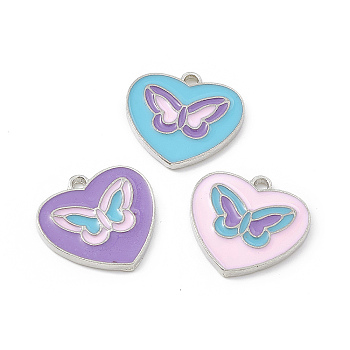 Alloy Enamel Pendants, Heart with Butterfly Charm, Platinum, Mixed Color, 17x17.5x1.5mm, Hole: 1.6mm