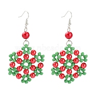 Flower Glass Pearl Beads Dangle Earrings for Christmas, with Glass Seed Beads and Brass Earring Hooks, Green, 76mm, Pin: 0.7mm(EJEW-JE01615-01)