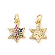 Brass Micro Pave Cubic Zirconia Charms, with Jump Rings, Star of David Charm, Real 18K Gold Plated, 14x10x2mm, Hole: 3.2mm(KK-E068-VF166)