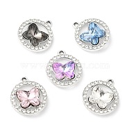 UV Plating Alloy Pendants, with Crystal Rhinestone and Glass, Cadmium Free & Lead Free, Flat Round with Butterfly Charms, Platinum, 19.5x16.5x6.5mm, Hole: 1.6mm(PALLOY-A004-01P)