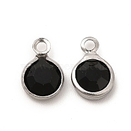304 Stainless Steel with Glass Charms, Stainless Steel Color, Faceted Flat Round, Black, 9.5x6.5x2mm, Hole: 1.5mm(STAS-G305-11P-02)