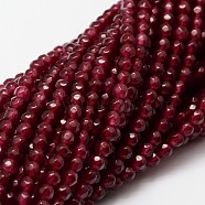 Dyed Natural White Jade Round Beads Strands, Faceted, Cerise, 4mm, Hole: 1mm, about 92pcs/strand, 15.3 inch(X-G-E311-4mm-03)