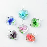 Handmade Luminous Lampwork Pendants, with Inner Flower, Heart, Mixed Color, 27~33x21~23x9~11mm, Hole: 4~7mm(LAMP-R136-04)