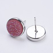 Druzy Resin Earrings, with Brass Finding, Flat Round, Hot Pink, 9.5x16~16.5mm, Pin: 0.8mm(KK-E724-S-02P)