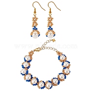 Shell Pearl & Glass Seed Braided Flower Dangle Earring and Beaded Bracelets Set, Brass Wire Wrap Jewelry Set for Women, Blue, 6-1/2 inch(17cm), 50mm, Pin: 0.6mm(SJEW-SW00006)