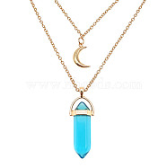 Dyed Natural Jasper Cone Pendant Double Layer Necklace, with Moon Charms, 19.69 inch(50cm)(UX9990-13)
