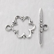 Alloy Toggle Clasps, Nickel Free, Lead Free and Cadmium Free, Antique Silver, Flower: 19x15x1.5mm, hole: 2mm. Bar: 24x6x4mm, hole: 2mm.(X-EA777Y-AS-NR)