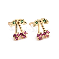 Hot Pink Cubic Zirconia Cherry Stud Earrings, Real 18K Gold Plated Brass Jewelry for Women, Cadmium Free & Lead Free, Real 18K Gold Plated, 10x8.5mm, Pin: 0.8mm(EJEW-G288-27G)