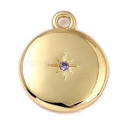 Brass Micro Pave Cubic Zirconia Charms, Long-Lasting Plated, Real 18K Gold Plated, Flat Round with Star, Mauve, 12x10x2mm, Hole: 1.2mm(ZIRC-I054-13G-07)