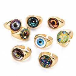 Brass Glass Cuff Rings, Open Rings, Cadmium Free & Nickel Free & Lead Free, Eye, Real 16K Gold Plated, Mixed Color, US Size 7 1/4(17.5mm)(RJEW-S045-126-NR)