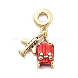 Rack Plating Brass Red Enamel European Dangle Charms, Plane & Luggage Large Hole Pendants, Cadmium Free & Lead Free, Long-Lasting Plated, Real 18K Gold Plated, 33mm, Hole: 4.5mm(KK-Q017-20G)