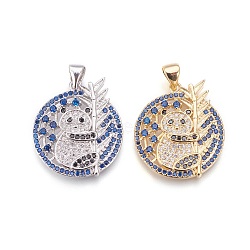 Brass Micro Pave Cubic Zirconia Pendants, Lead Free & Cadmium Free, Long-Lasting Plated, Flat Round with Panda, Blue, Mixed Color, 23x20x2.5mm, Hole: 3x4mm(ZIRC-G146-18-RS)