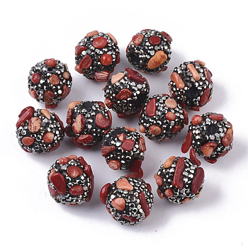 Polymer Clay Rhinestone Beads, with Synthetic Coral, Round, 16~18mm, Hole: 1.6mm