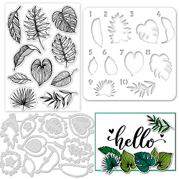 1 Sheet PVC Plastic Stamps, with 1Pc Carbon Steel Cutting Dies Stencils and 1 Pc PET Drawing Painting Stencils, for DIY Scrapbooking, Photo Album Decorative, Leaf Pattern, 150~160x107~150x0.8~3mm