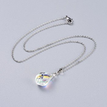 Electroplated Glass Pendant Necklaces, with 304 Stainless Steel Cable Chains, Packing Box, Teardrop, Colorful, 16.9 inch(43cm), 1.5mm